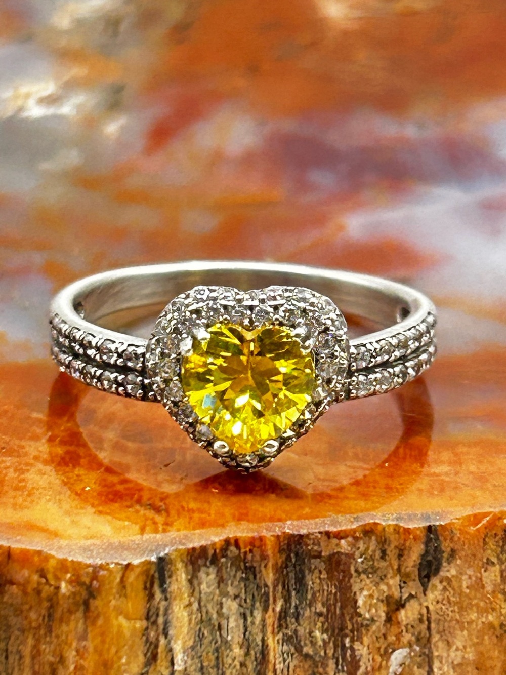 Sterling Silver Heart Ring, yellow CZ heart with clear accents - Size 9